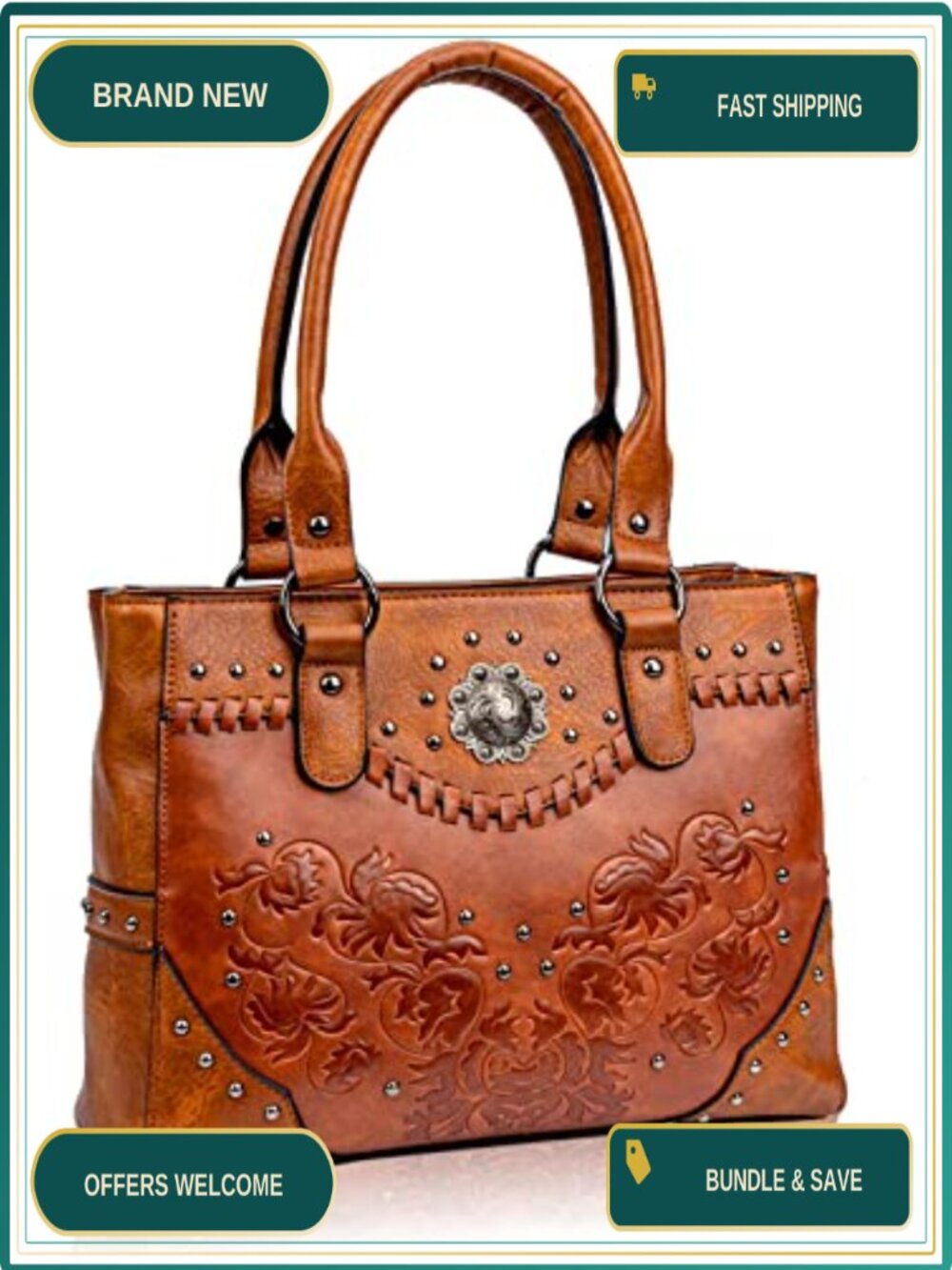 Western Tote Bag Large Satchel Top Handle Shoulder Handbag Embossed Concho Studs